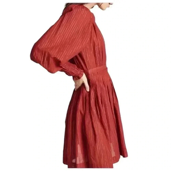 NWOT ULLA JOHNSON Metallic Cotton Long Sleeve Red Ruby Rory Dress Pockets Size 6 - Picture 7 of 14